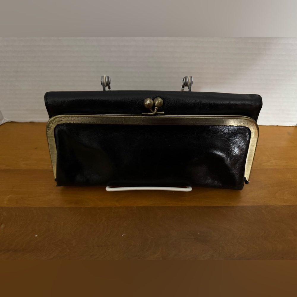 HOBO Black Leather Clutch with Gold Trim